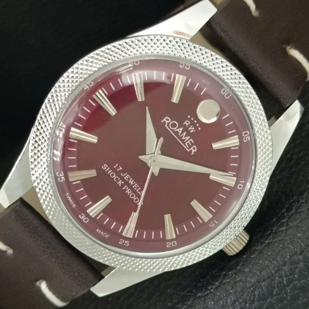 Vintage 1980 Roamer Manual Mens Silver Watch W/Leather Strap & Red accents